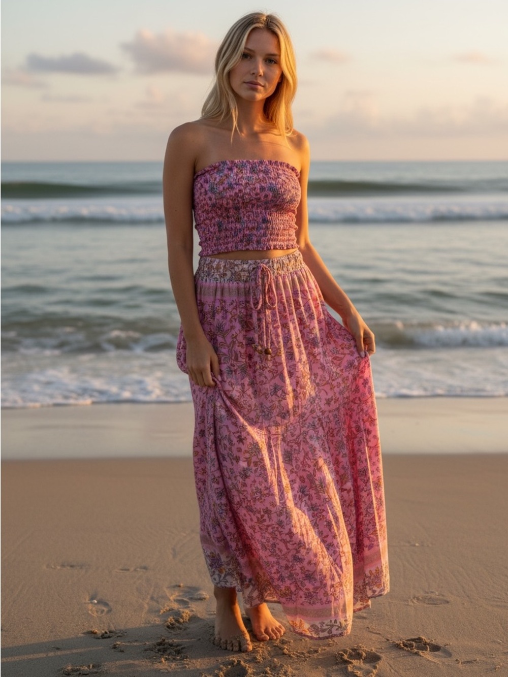 Pink Floral Maxi Skirt - Women's Boho Beach Skirt